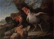 unknow artist Still life of a turkey,a bantan,a barn owl and a grey partridge in a rocky landscape oil
